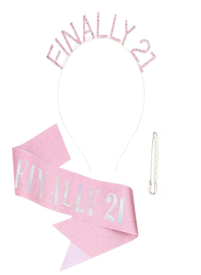 Semato 21st Birthday Sash & Rhinestone FINALLY 21 Birthday Headband Kit- Pink 21st Birthday Decorations for Her - Image 1